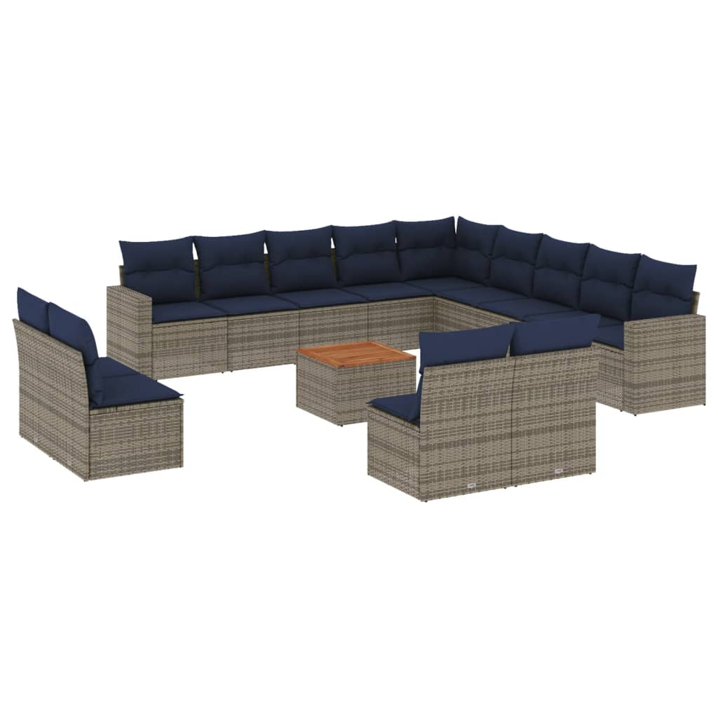 Set Divani da Giardino 14pz con Cuscini in Polyrattan Grigio - immagine 2