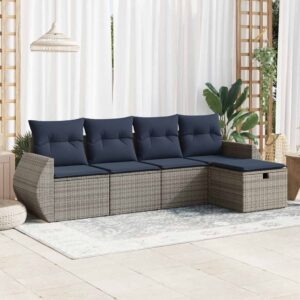 Set Divano da Giardino 5 pz con Cuscini Grigio in Polyrattan