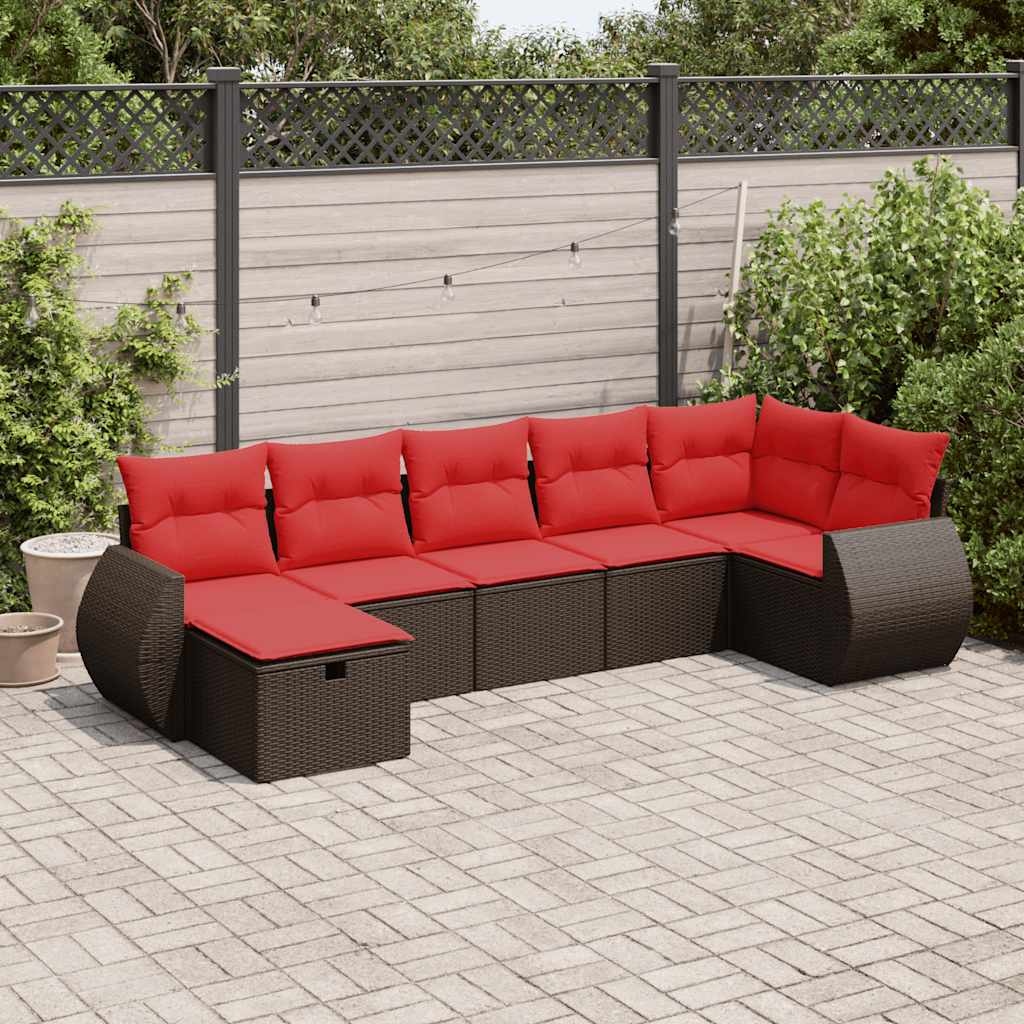 Set Divani da Giardino 7 pz con Cuscini Marrone in Polyrattan