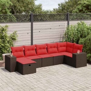 Set Divani da Giardino 7 pz con Cuscini Marrone in Polyrattan