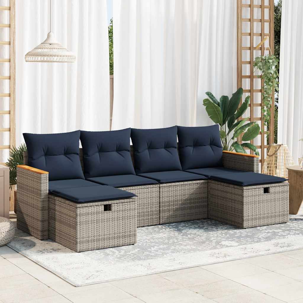 Set Divano da Giardino 6 pz con Cuscini Grigio in Polyrattan