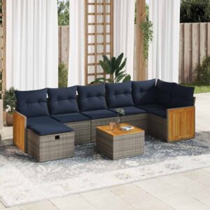 Set Divano da Giardino 8 pz con Cuscini Grigio in Polyrattan
