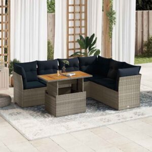 Set Divani da Giardino 7 pz con Cuscini Grigio in Polyrattan