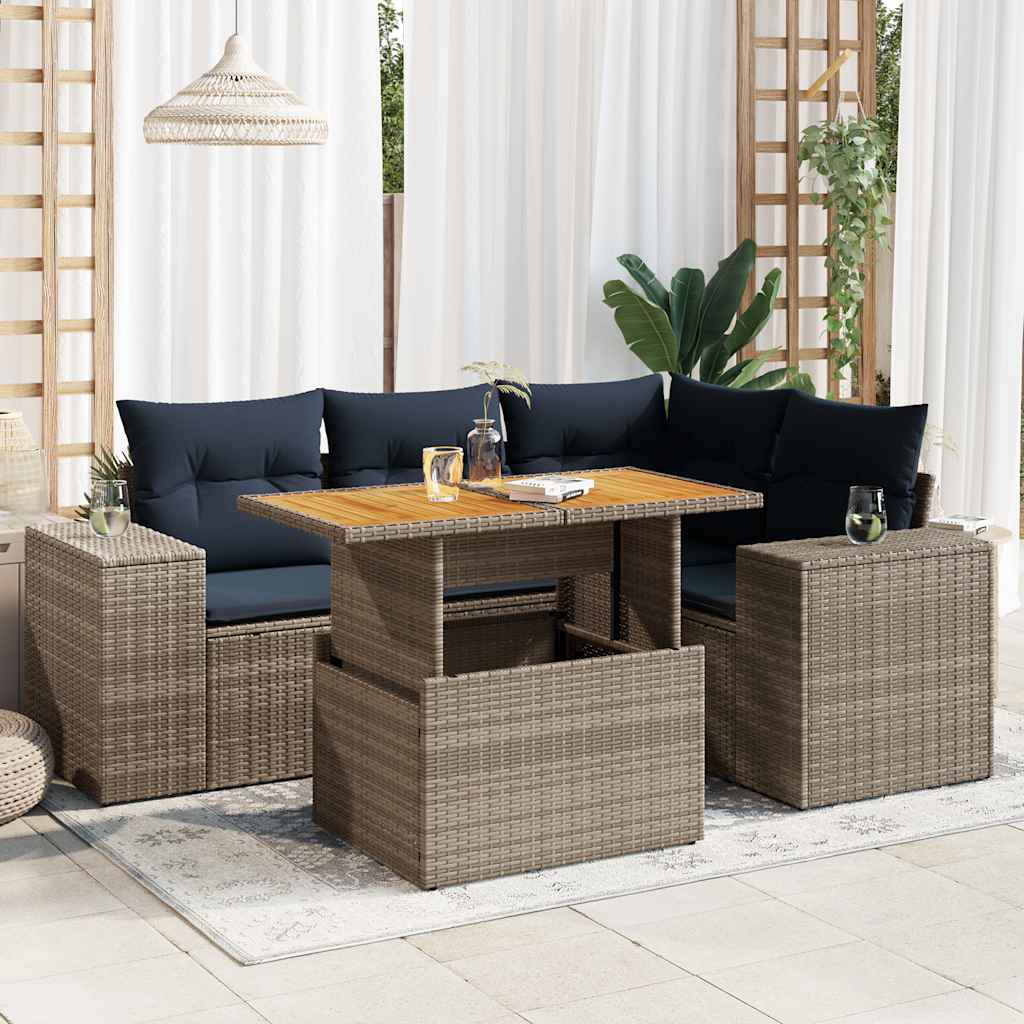 Set Divano da Giardino 5 pz con Cuscini Grigio in Polyrattan