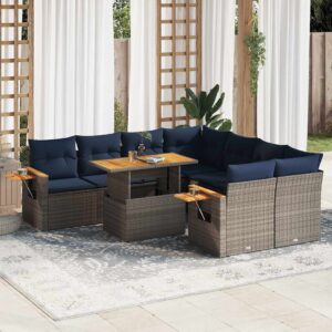 Set Divano da Giardino 9 pz con Cuscini Grigio in Polyrattan