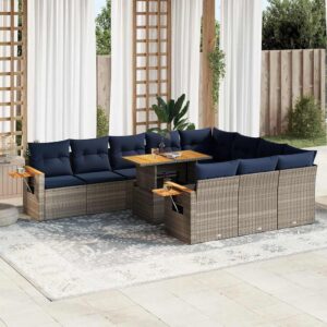 Set Divani Giardino 11 pz con Cuscini Polyrattan Acacia Grigio