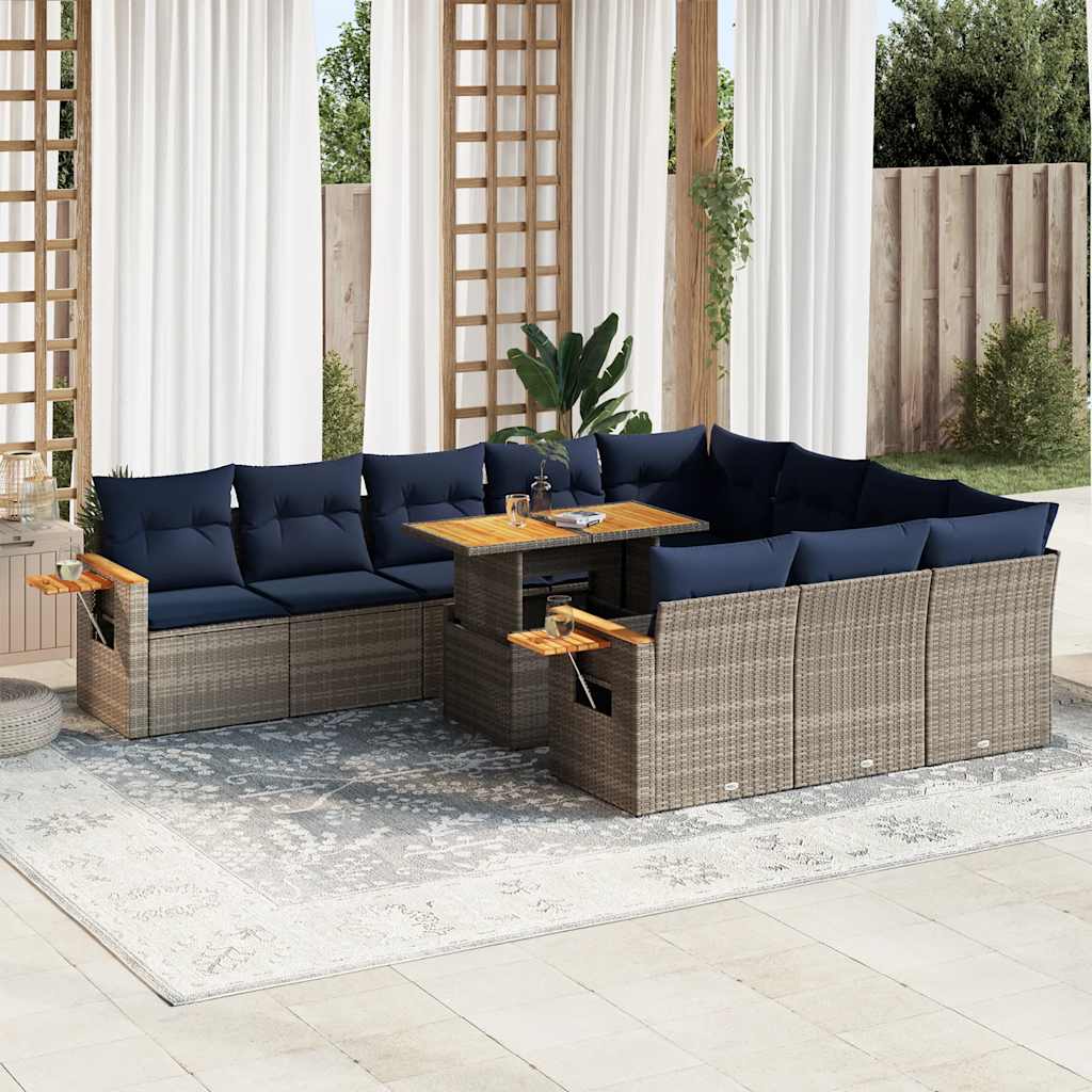 Set Divani Giardino 11 pz con Cuscini Polyrattan Acacia Grigio