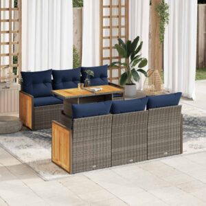 Set Divani da Giardino 7pz con Cuscini Grigio Polyrattan Acacia