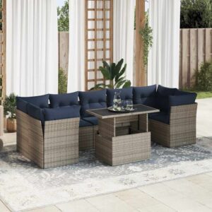 Set Divano da Giardino 8pz con Cuscini Grigio Polyrattan Acacia