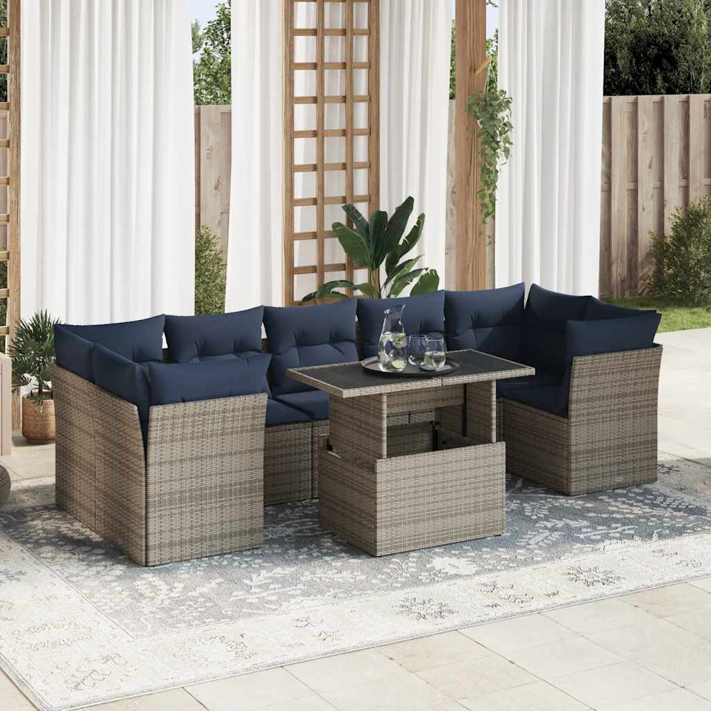 Set Divano da Giardino 8pz con Cuscini Grigio Polyrattan Acacia