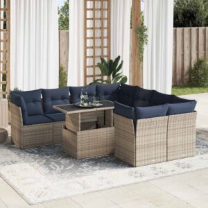 Set Divano da Giardino 9pz con Cuscini Grigio Polyrattan Acacia