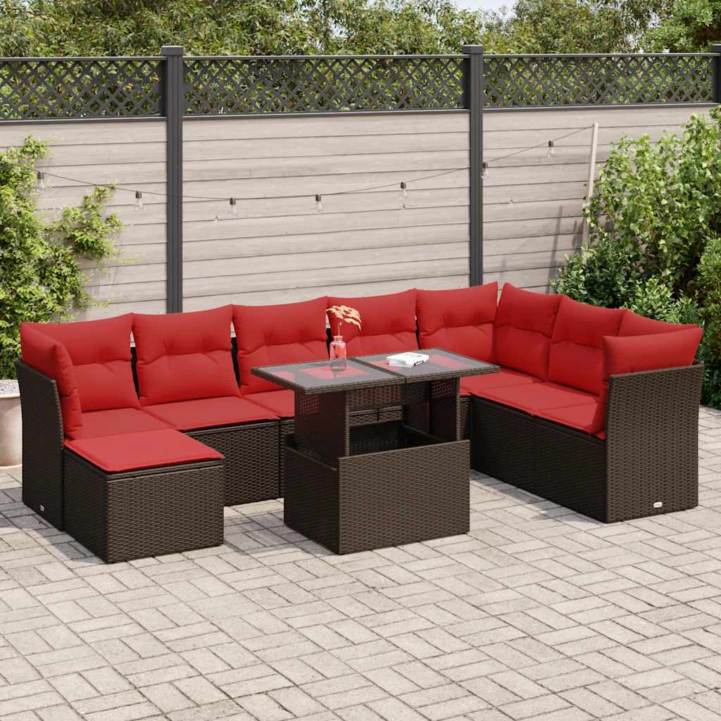 Set Divani Giardino 9 pz con Cuscini Marrone Polyrattan Acacia