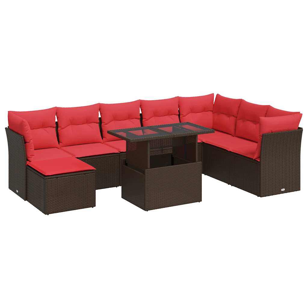 Set Divani Giardino 9 pz con Cuscini Marrone Polyrattan Acacia - immagine 2