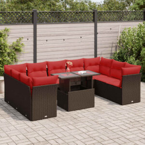 Set Divani Giardino 10 pz con Cuscini Polyrattan Marrone Acacia