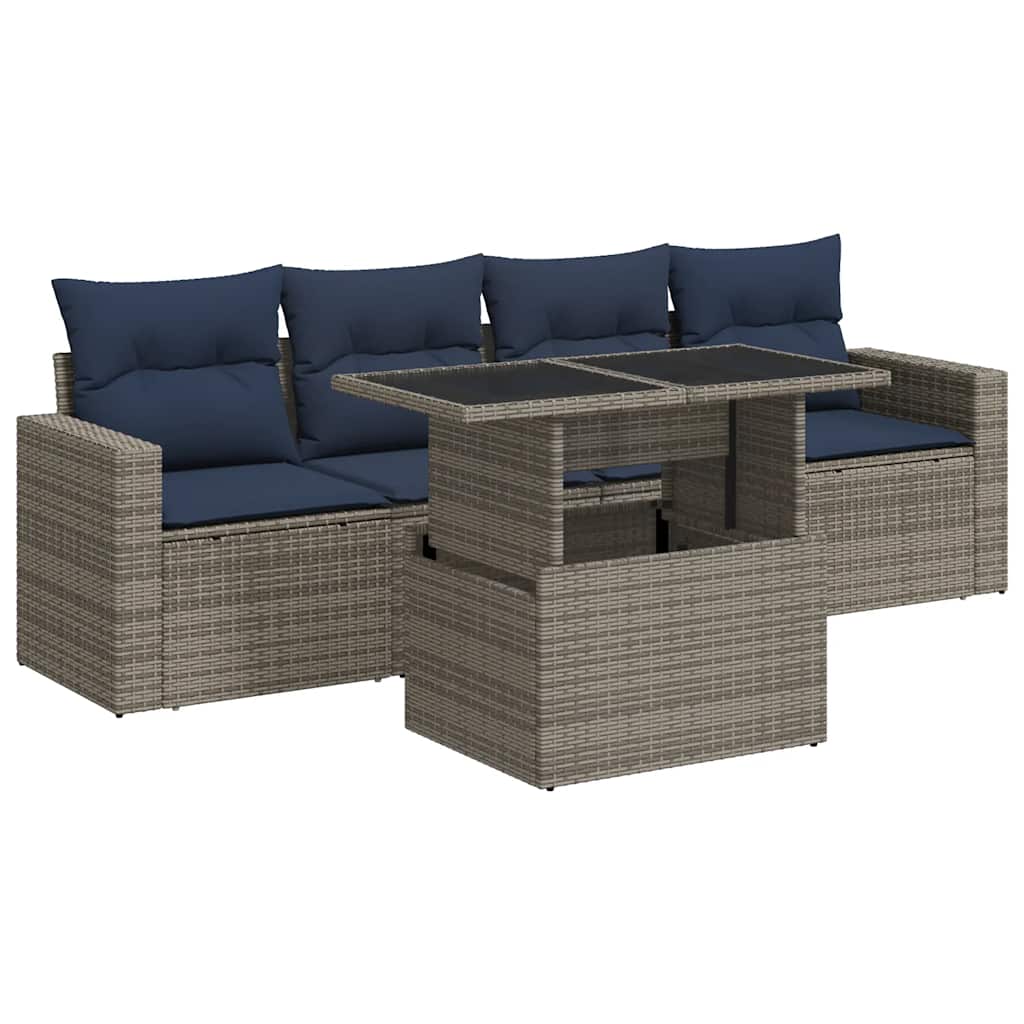Set Divano Giardino 5 pz con Cuscini Grigio Polyrattan Acacia - immagine 2