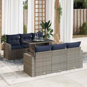 Set Divani da Giardino 7pz con Cuscini Grigio Polyrattan Acacia