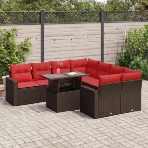 Set Divano da Giardino 9pz con Cuscini Grigio Polyrattan Acacia