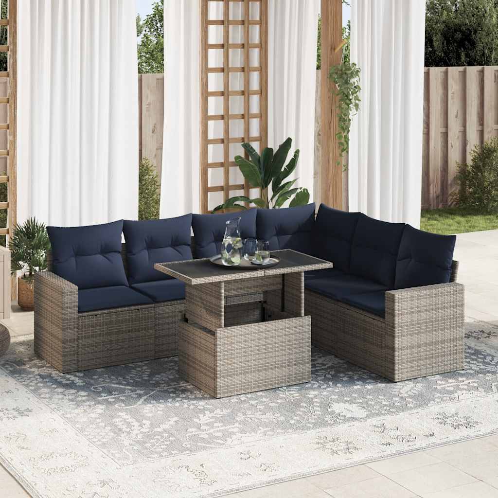Set Divani da Giardino con Cuscini 7pz Nero Polyrattan Acacia