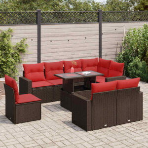 Set Divani Giardino 9 pz con Cuscini Marrone Polyrattan Acacia