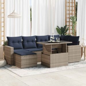 Set Divani da Giardino 7pz con Cuscini Grigio Polyrattan Acacia