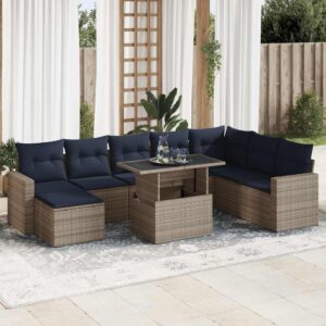 Set Divano da Giardino 9pz con Cuscini Grigio Polyrattan Acacia