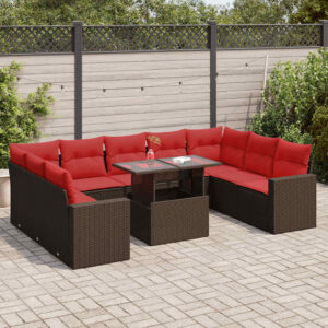 Set Divani Giardino 10 pz con Cuscini Polyrattan Marrone Acacia