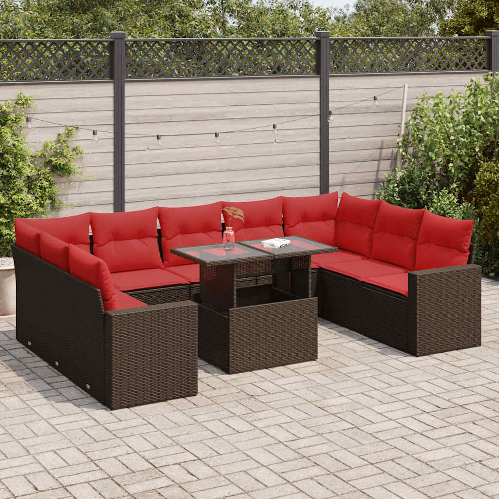 Set Divani Giardino 10 pz con Cuscini Polyrattan Marrone Acacia