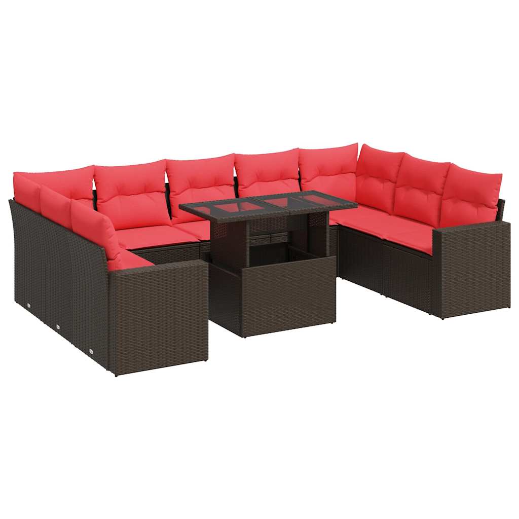 Set Divani Giardino 10 pz con Cuscini Polyrattan Marrone Acacia - immagine 2