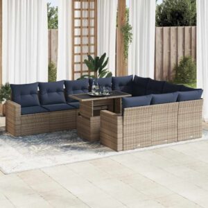 Set Divani da Giardino 11 pz con Cuscini Polyrattan Acacia Grigio