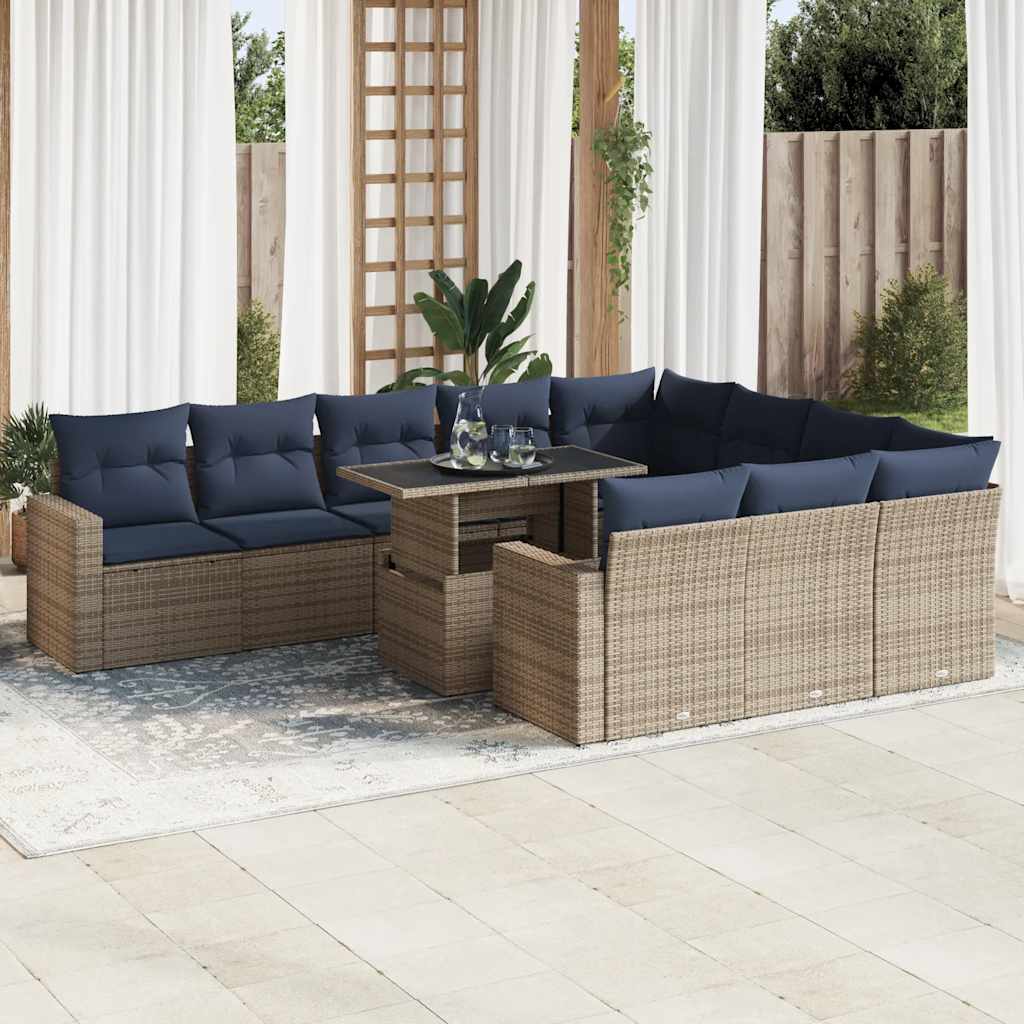 Set Divani da Giardino 11 pz con Cuscini Polyrattan Acacia Grigio