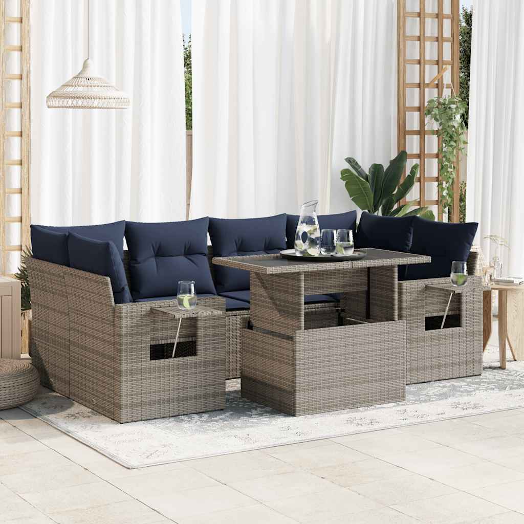 Set Divani da Giardino con Cuscini 7pz Nero Polyrattan Acacia