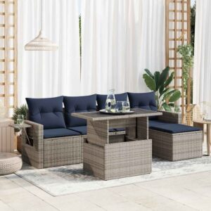 Set Divano da Giardino 6 pz con Cuscini Nero Polyrattan Acacia
