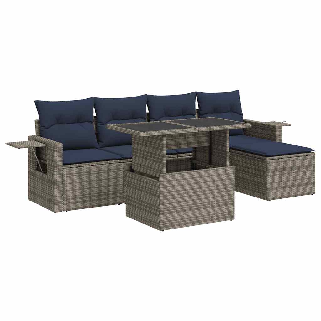 Set Divano da Giardino 6 pz con Cuscini Nero Polyrattan Acacia - immagine 2