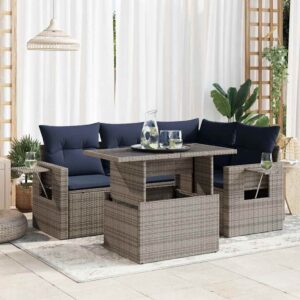 Set Divani da Giardino 5 pz con Cuscini Grigio Polyrattan Acacia
