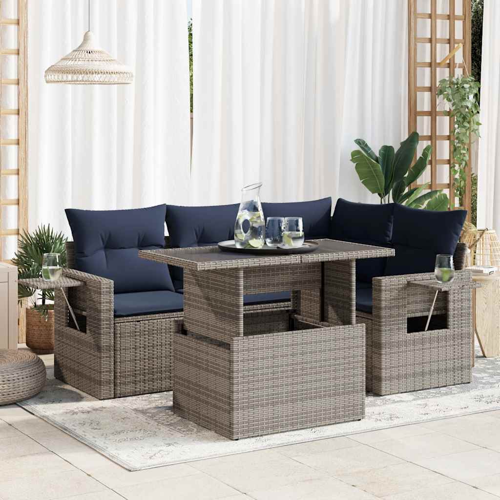 Set Divani da Giardino 5 pz con Cuscini Grigio Polyrattan Acacia