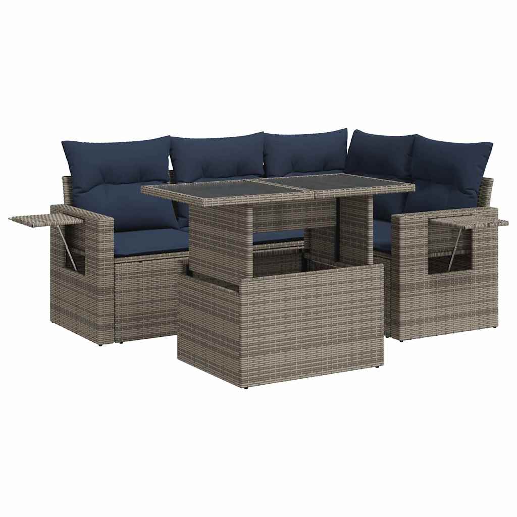 Set Divani da Giardino 5 pz con Cuscini Grigio Polyrattan Acacia - immagine 2