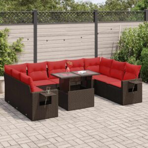Set Divani Giardino 10 pz con Cuscini Polyrattan Marrone Acacia
