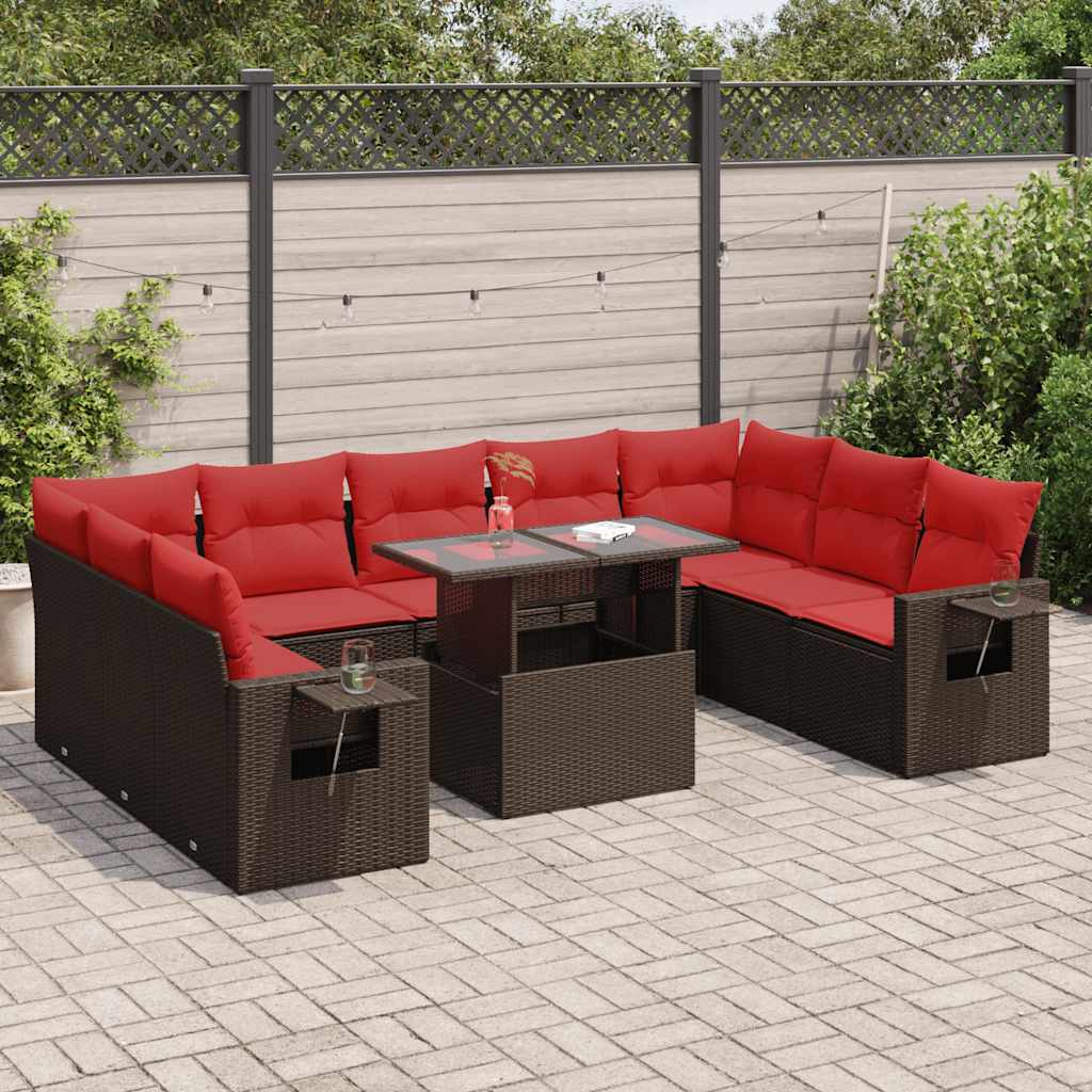 Set Divani Giardino 10 pz con Cuscini Polyrattan Marrone Acacia