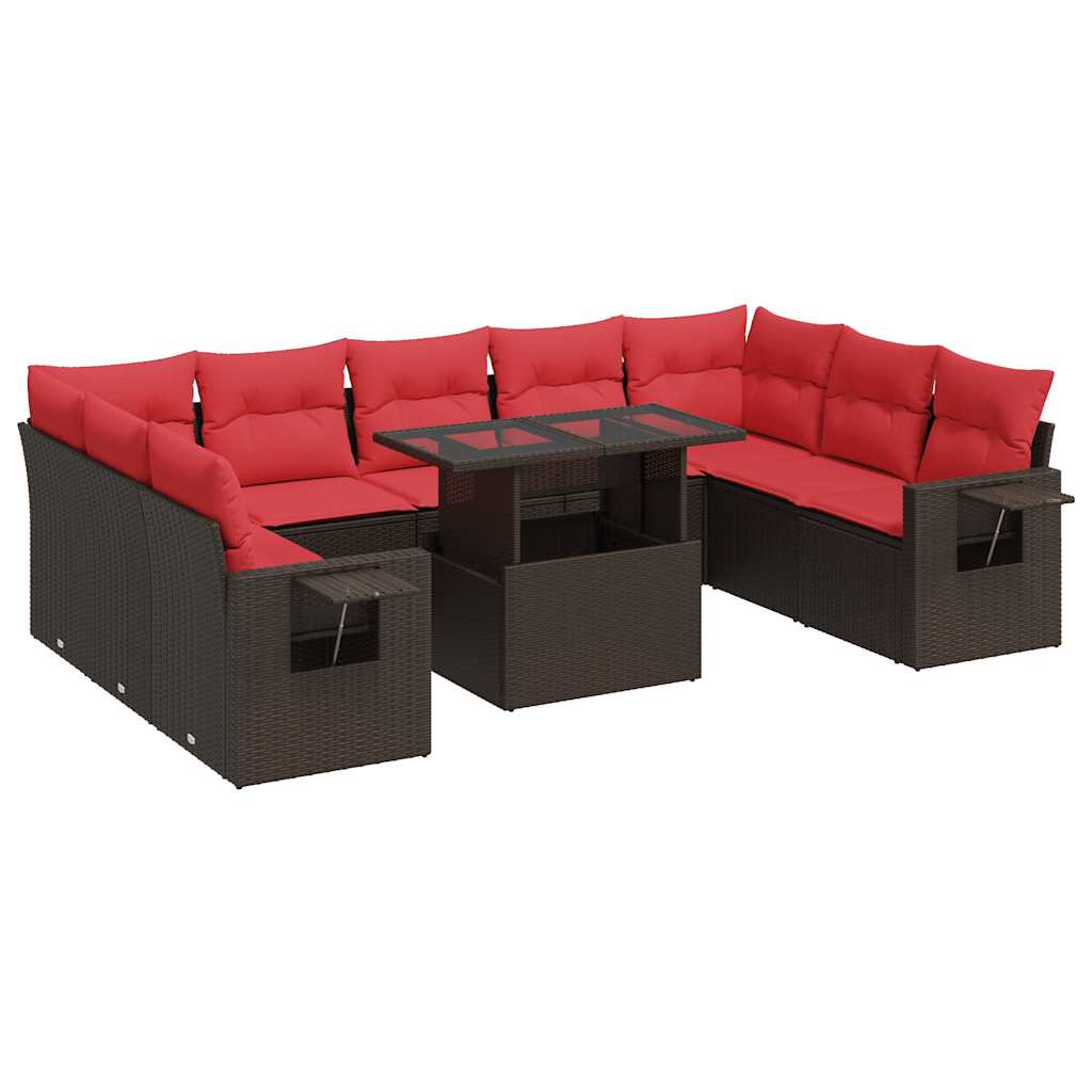 Set Divani Giardino 10 pz con Cuscini Polyrattan Marrone Acacia - immagine 2