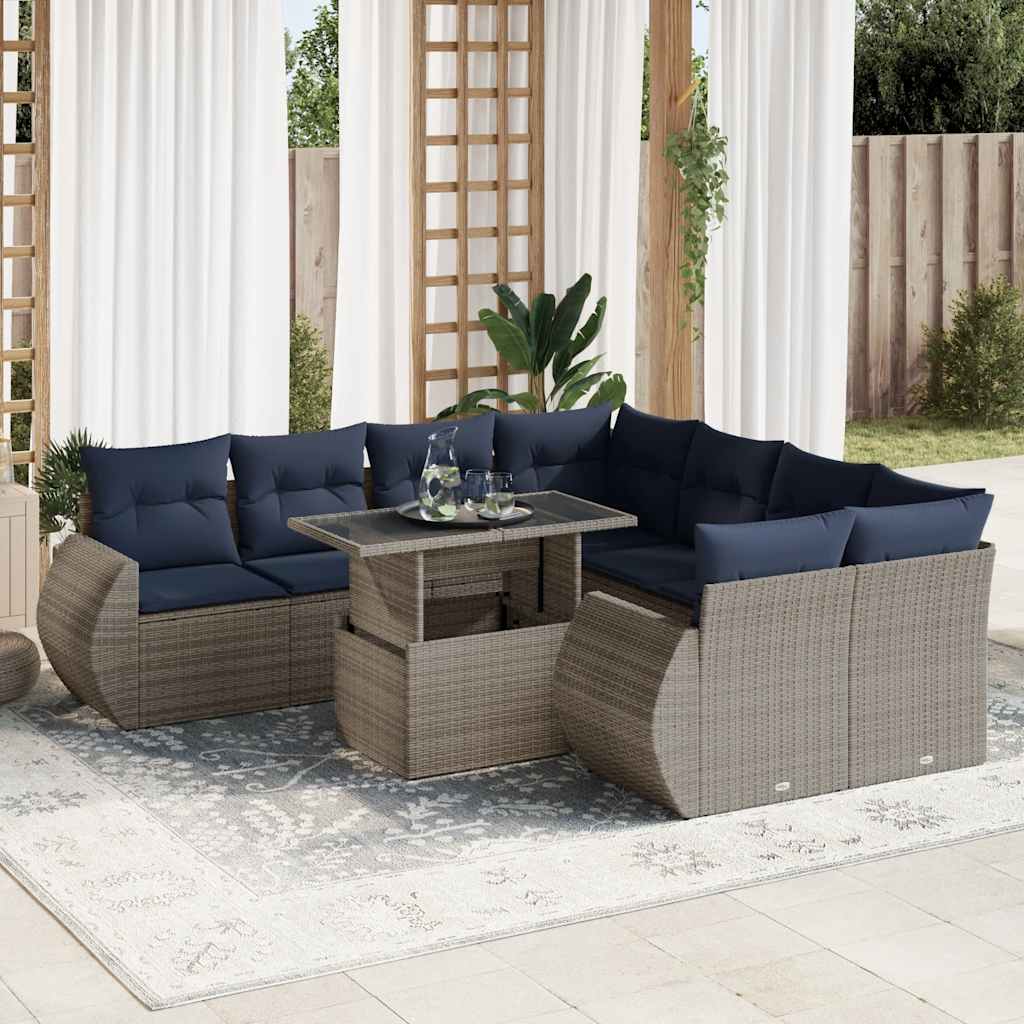 Set Divano da Giardino 9pz con Cuscini Grigio Polyrattan Acacia