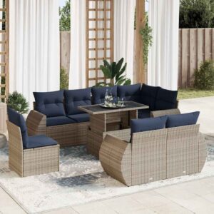 Set Divano da Giardino 9pz con Cuscini Grigio Polyrattan Acacia