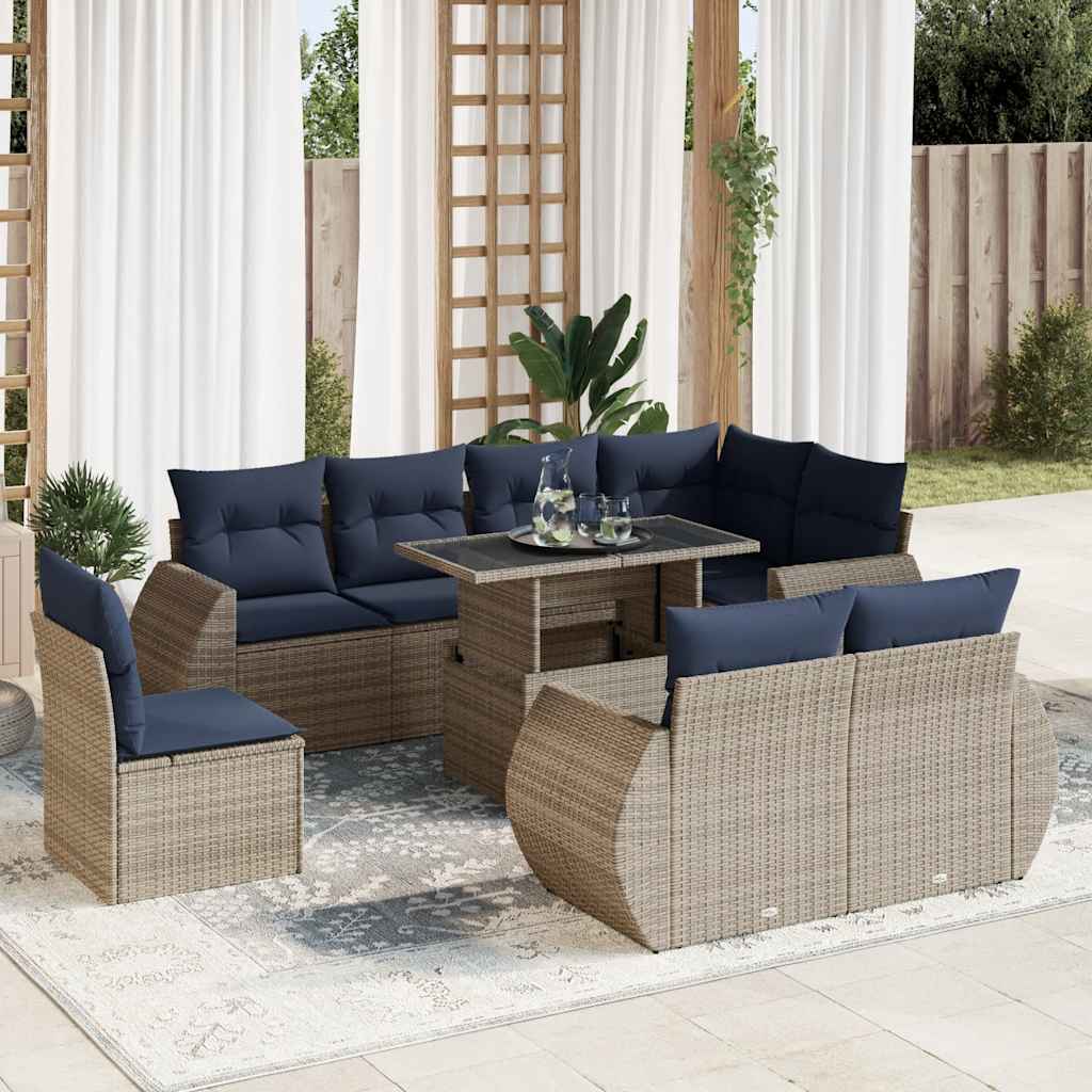 Set Divano da Giardino 9pz con Cuscini Grigio Polyrattan Acacia