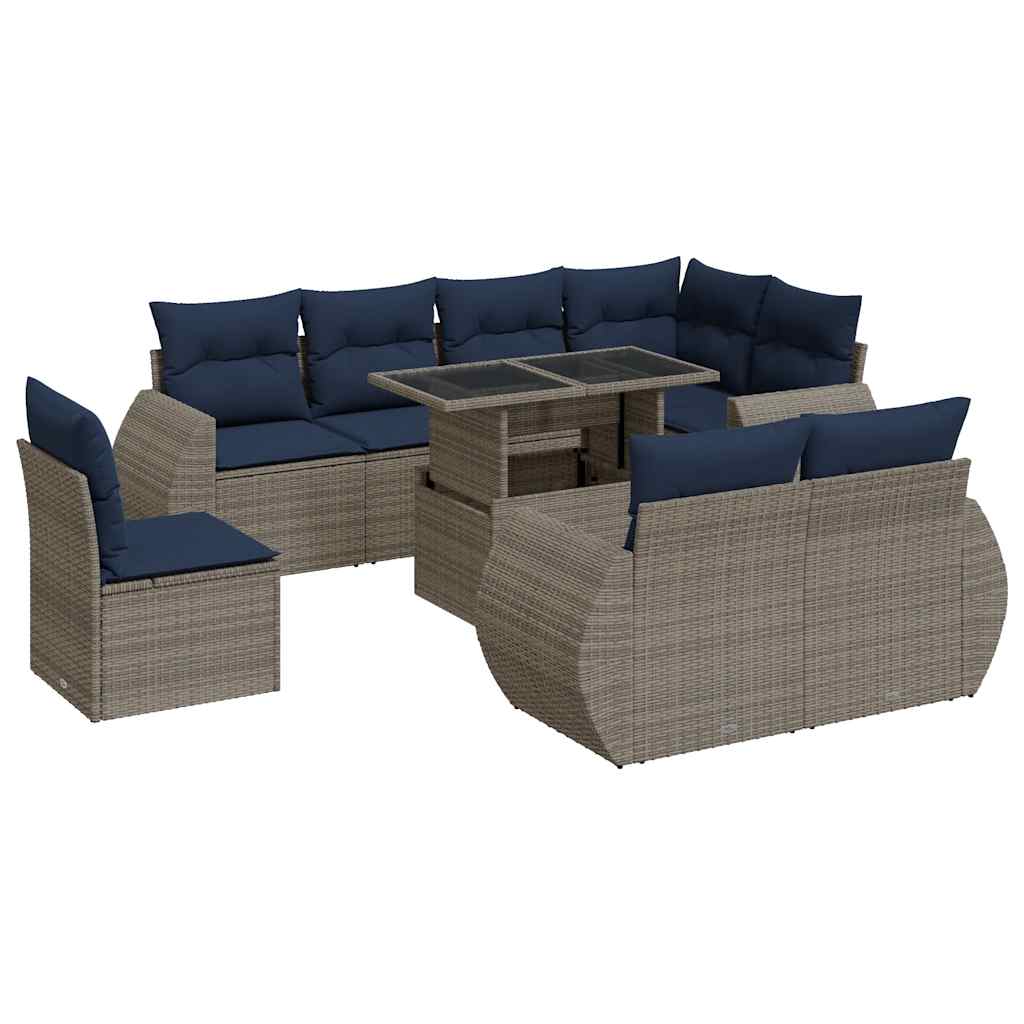 Set Divano da Giardino 9pz con Cuscini Grigio Polyrattan Acacia - immagine 2
