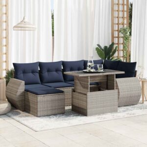 Set Divani da Giardino 7pz con Cuscini Grigio Polyrattan Acacia