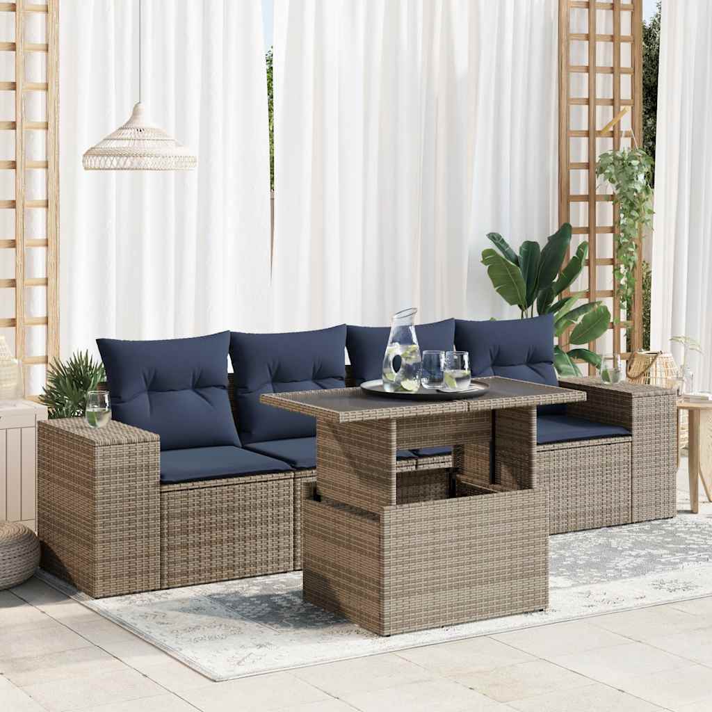 Set Divano Giardino 5 pz con Cuscini Grigio Polyrattan Acacia