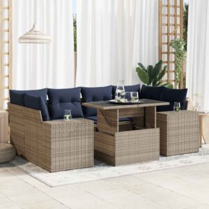 Set Divani da Giardino 7pz con Cuscini Grigio Polyrattan Acacia