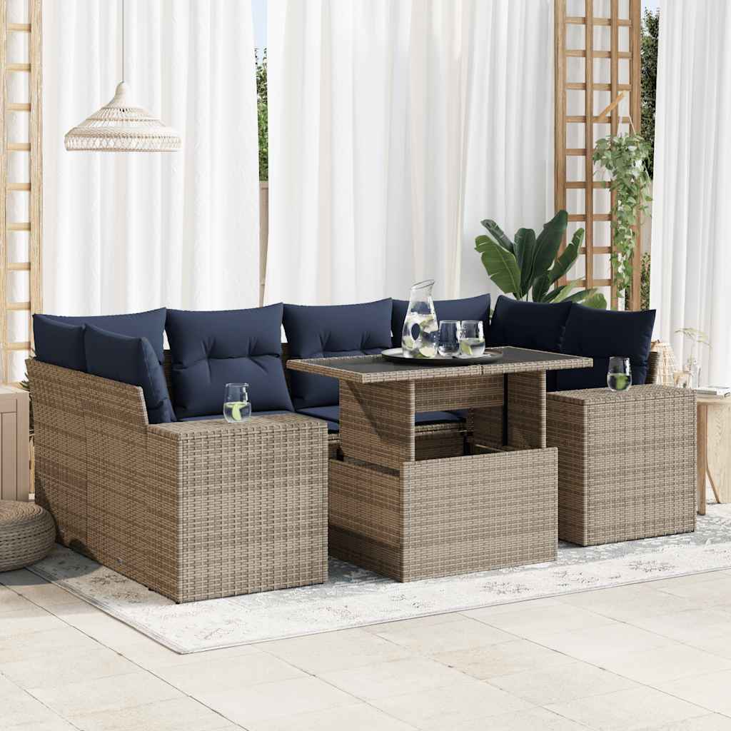 Set Divani da Giardino 7pz con Cuscini Grigio Polyrattan Acacia