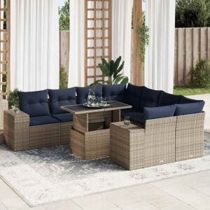 Set Divano da Giardino 9pz con Cuscini Grigio Polyrattan Acacia