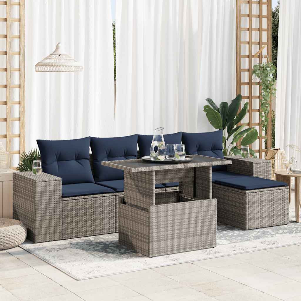 Set Divano da Giardino 6pz con Cuscini Grigio Polyrattan Acacia