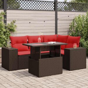 Set Divano da Giardino 5 pz Cuscini Marrone Polyrattan e Acacia